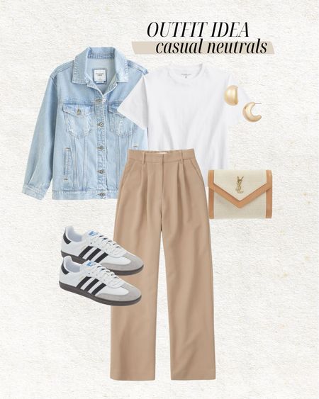 Casual neutral outfit for spring 🤎 loving this tan version of my wide leg black pants for spring & summer - they elevate casual outfits and are so comfy 🫶🏼

Spring outfit, summer outfit, casual outfit, Abercrombie pants, adidas samba, ysl clutch, denim jacket, jeans, work pants, work outfit, weekend outfit, nordstrom, Christine Andrew 

#LTKworkwear #LTKstyletip #LTKfindsunder100