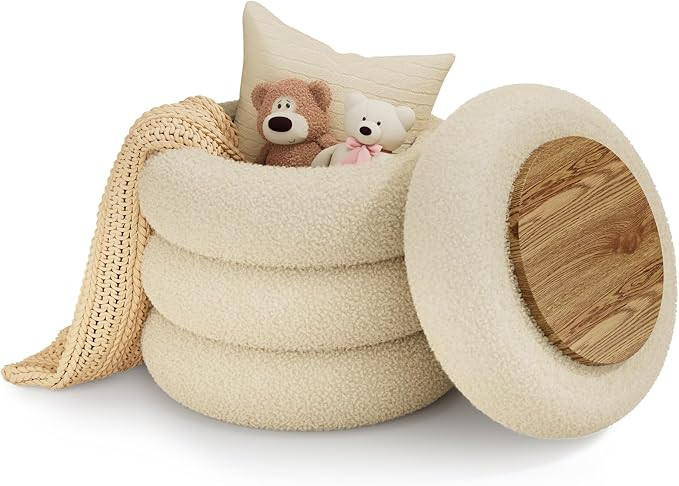 Soft Teddy Round Ottoman with Tray, 17.5 Inches Ottoman Coffee Table with Storage for Living Room... | Amazon (US)