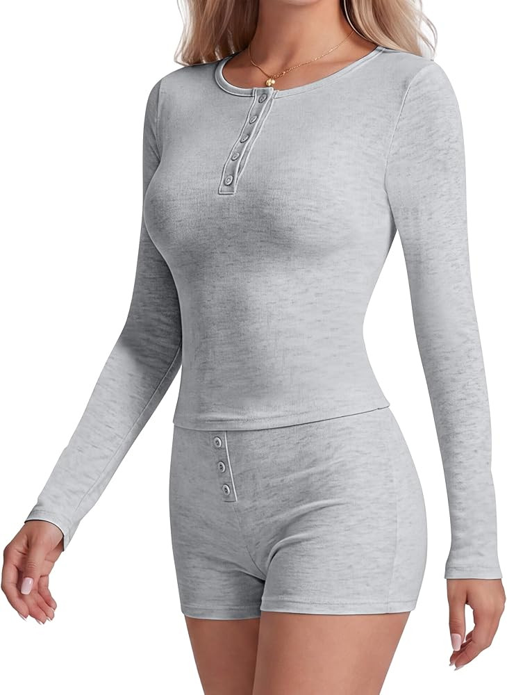 Sunzel Women's Henley Soft Knit Loungewear Set Pajamas Long Sleeve Top with Button Details Mid-Ri... | Amazon (US)