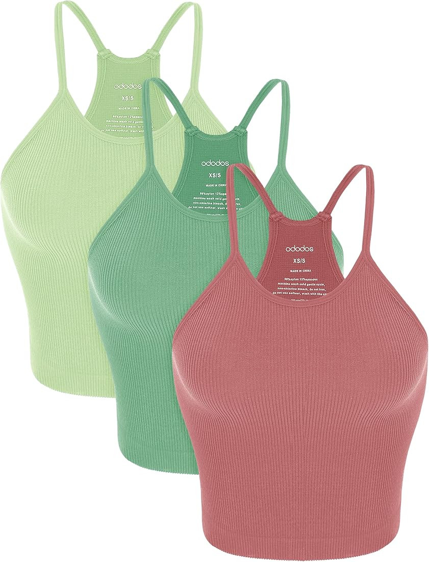 ODODOS Women's Crop 3-Pack Washed Seamless Rib-Knit Camisole Crop Tank Tops | Amazon (US)