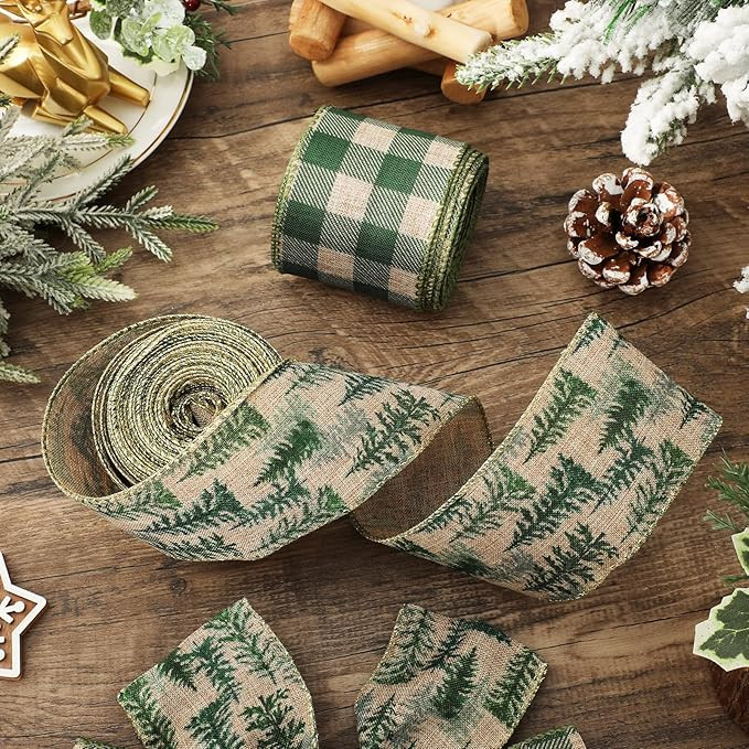 2Pcs Christmas Wired Edge Ribbon Green Pine Tree Buffalo Plaid Craft Ribbons Xmas Tree Decorative... | Amazon (US)