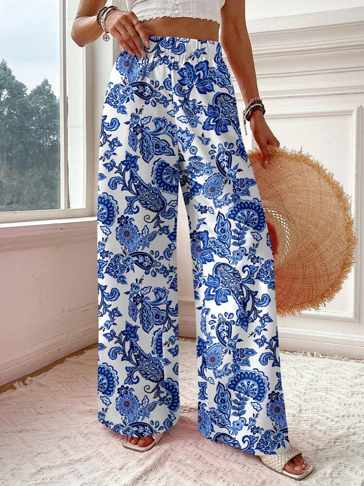 Travachic Women Blue Bohemian Pattern Pants, Gifts For Mother, Suitable For Seaside Vacation, Romance, Vacation Vibes, Beach, Spring Break Boho Pants For Women Beach Pants For Women Bohemian Pants Summer Pants Women Vacation Pants Suitable For Going Out Fall Clothes Winter Clothes | SHEIN