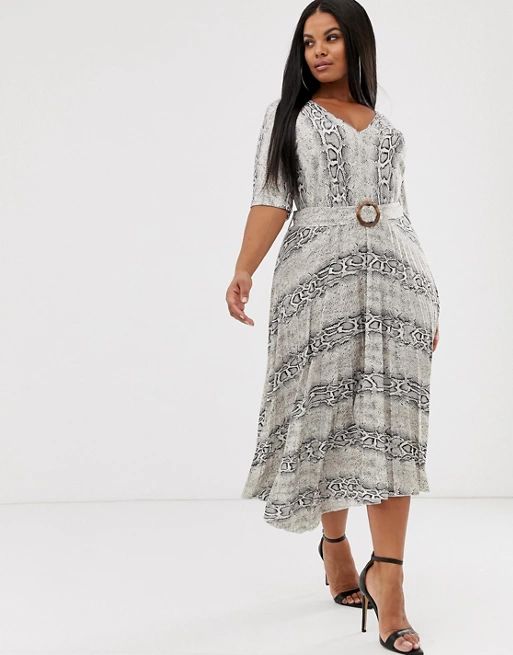 ASOS DESIGN Curve v neck midi dress with pleated skirt and belt in snake print | ASOS US