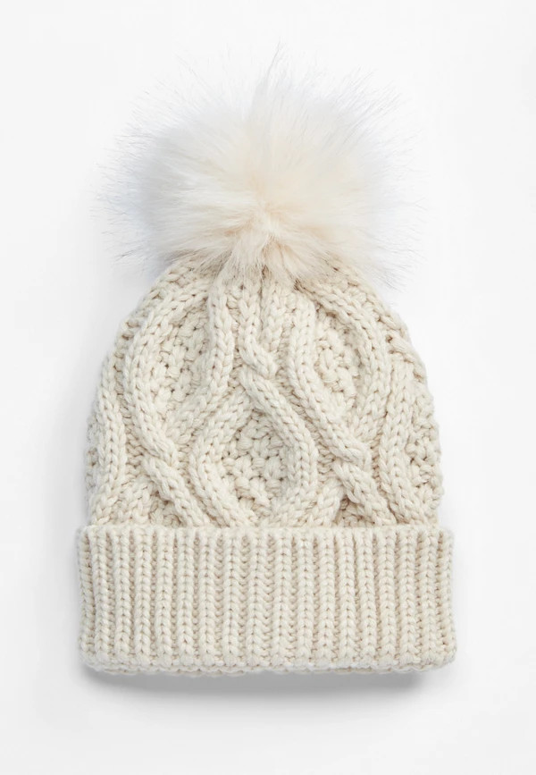 Cream Cable Faux Fur Pom Beanie | Maurices