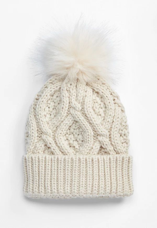 Cream Cable Faux Fur Pom Beanie | Maurices