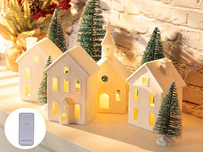 9 Pcs Christmas Village Figurines Sets - 4 Lighted Ceramic Houses with Remote Control & 5 Trees -... | Amazon (US)
