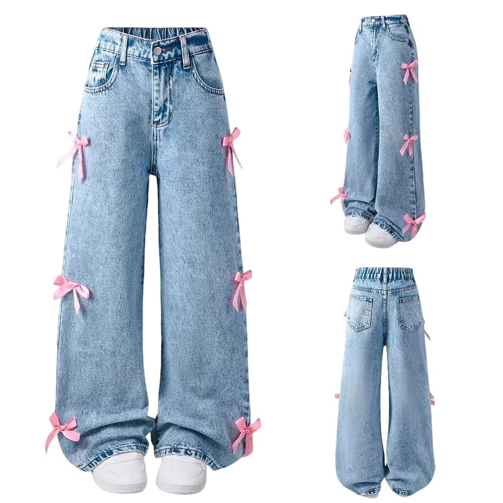 Amazon.com: Girls Bow Jeans Wide Leg Baggy Denim Pants High Waisted Trousers Casual Cute Y2K Stre... | Amazon (US)