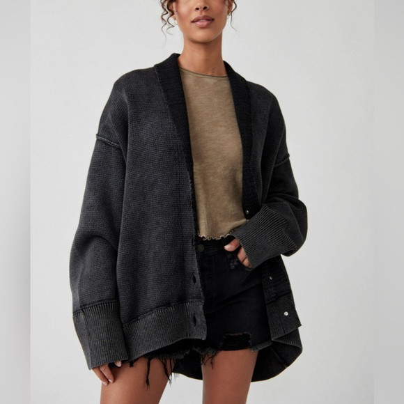 Free People Chamomile Washed Black Dark Gray Chunky Knit Oversized Cardigan | Poshmark