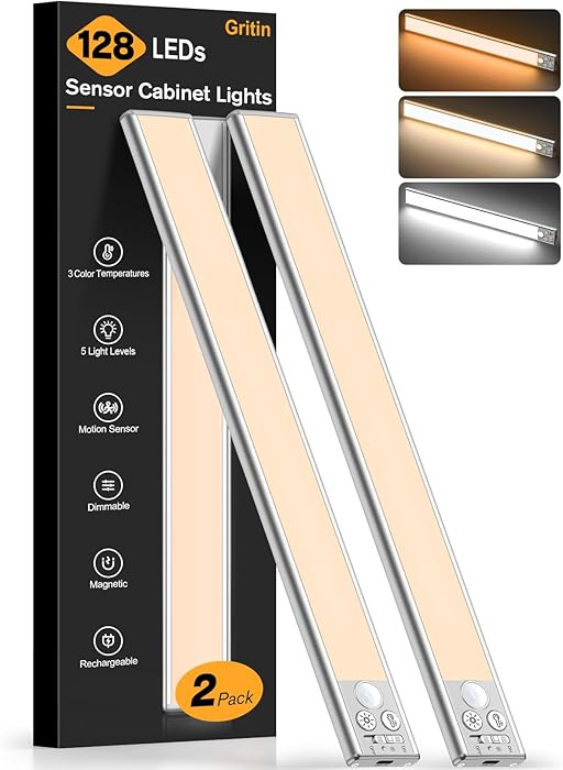 Gritin 14.7inch Under Cabinet Lighting Rechargeable - 128 LED Super Bright, 3-Color&5 Level Brigh... | Amazon (US)
