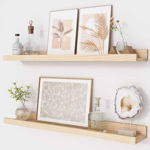 Picture Ledge Shelf, 24 inch Solid Wood Floating Shelves, Picture Shelf for Wall with Ledge, Floating Book Shelves for living room Bedroom Kitchen Nursery Decor, Natural Unfinished, Set of 2 | Amazon (US)