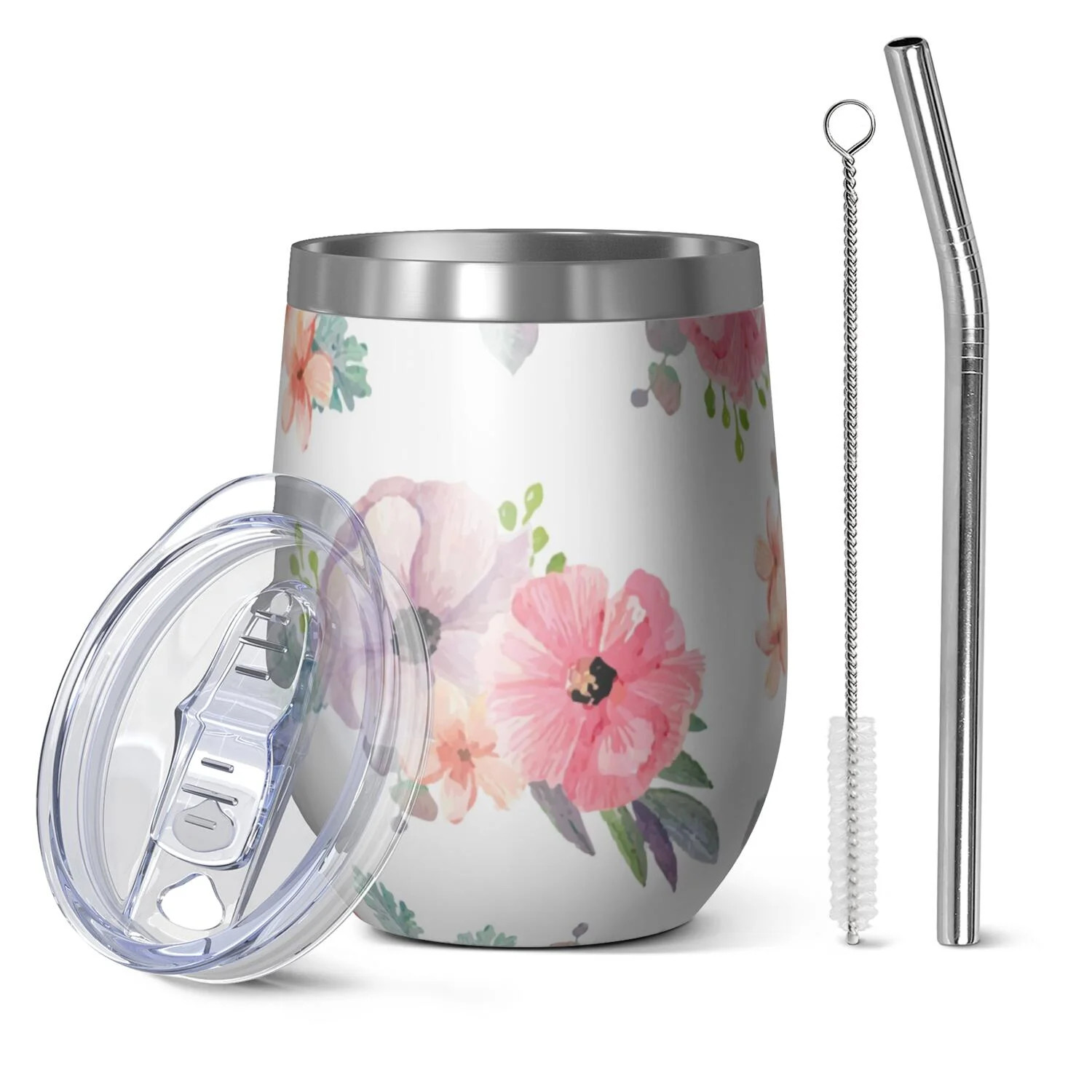 Floral 12oz Stainless Steel Insulated Wine Tumbler with Lid and Straw – Double Wall Vacuum Mug ... | Walmart (US)
