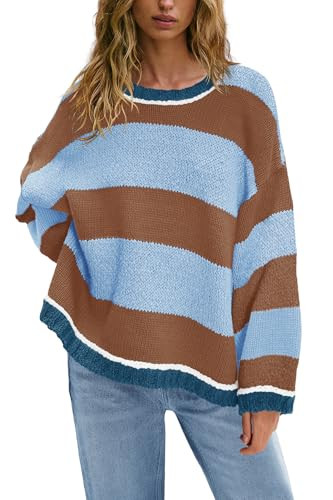 Nirovien Oversized Striped Sweater Women Cable Knit Sweater Women Color Block Casual Cozy Knitted Tops(Brown Blue,S) | Amazon (US)