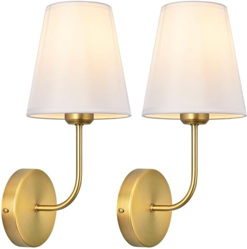 Antique Brass Hardwired Wall Sconce Set of 2 - Gold Finish with White Fabric Shades，Bedroom Lig... | Amazon (US)