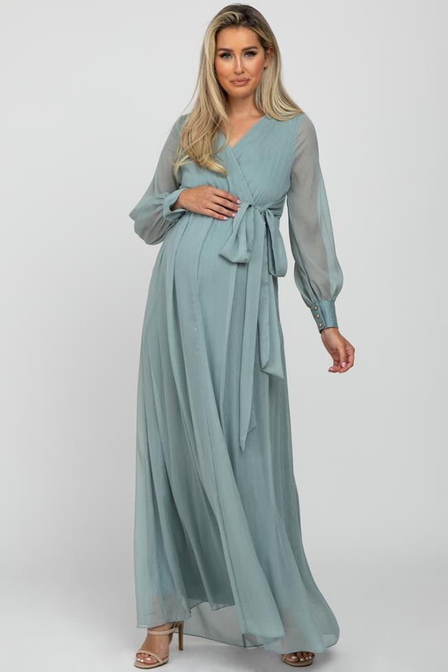 Mint Green Metallic Chiffon Maternity Maxi Dress | PinkBlush Maternity