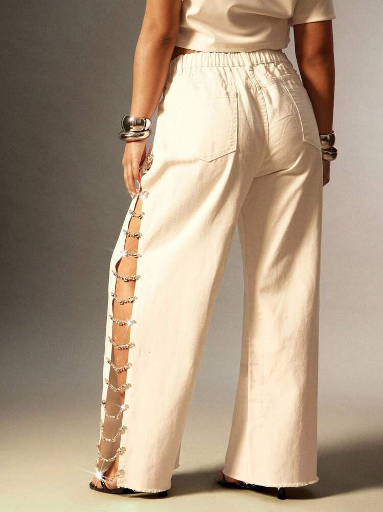 Denimoi Rhinestone Chain Split Sit Mid Rise Wide Leg Denim Jeans | SHEIN