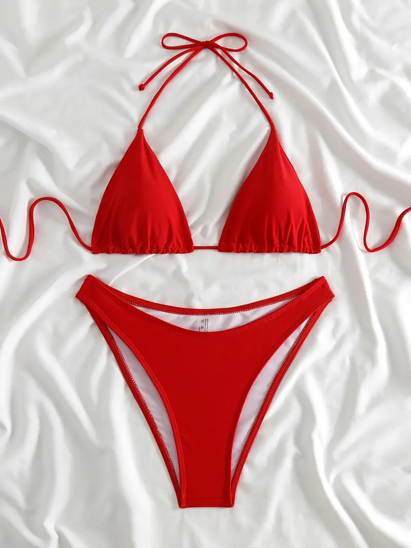 Plain Triangle Halter Bikini Spaghetti Strap High Stretch - Temu | Temu Affiliate Program