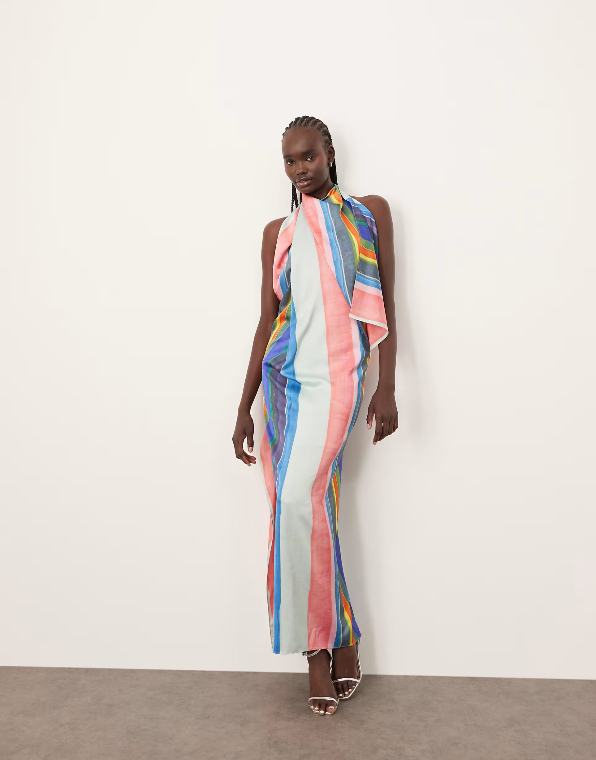 ARRANGE satin high neck drape maxi dress in painterly stripe | ASOS (Global)