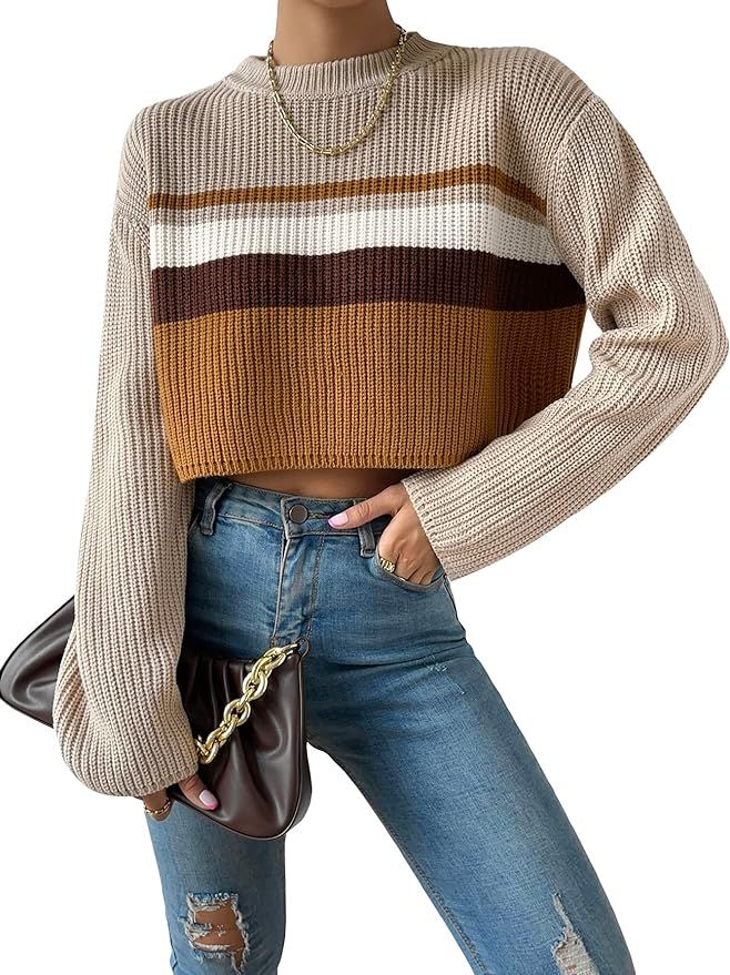 Floerns Women's Color Block Drop Shoulder Long Sleeve Pullover Crop Sweater | Amazon (US)