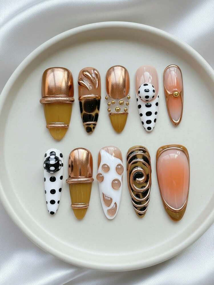 Change Your Nails! Y2K Nails10PCS Long Almond Handmade Press-On Nails - Gothic Gold & Brown Gradient Chrome French Tip Nails With Ombre, Polka Dot Nails& Gilded Swirl Line 3D Accents; Removable Reusable Nail Set (Jelly Glue & Nail File Incl.) - Christmas Nails Perfect For Daily Wear & Parties | SHEIN