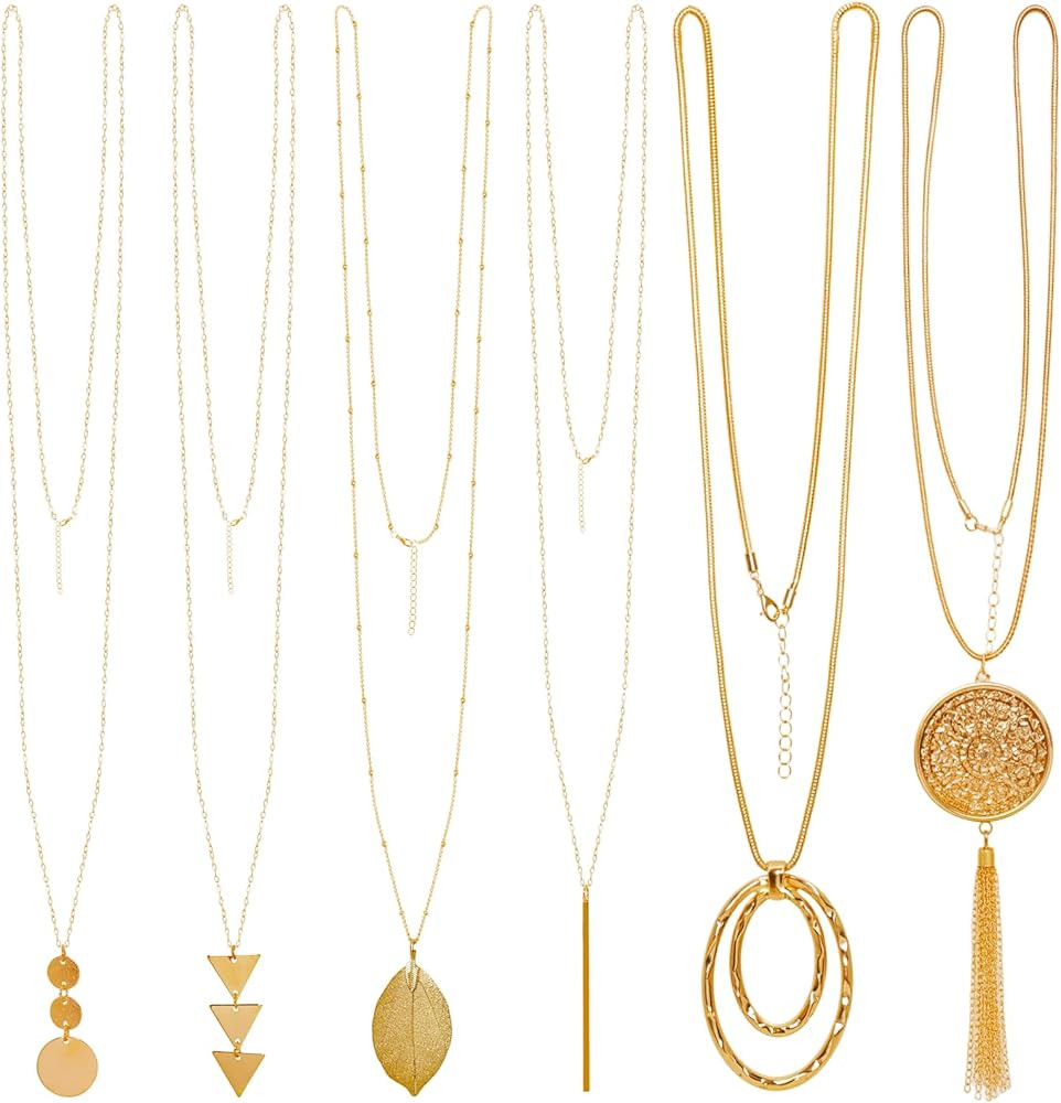 6Pcs Long Gold Necklaces for Women Long Statement Sweater Necklaces Tassel Pendant Neckace Set Je... | Amazon (US)