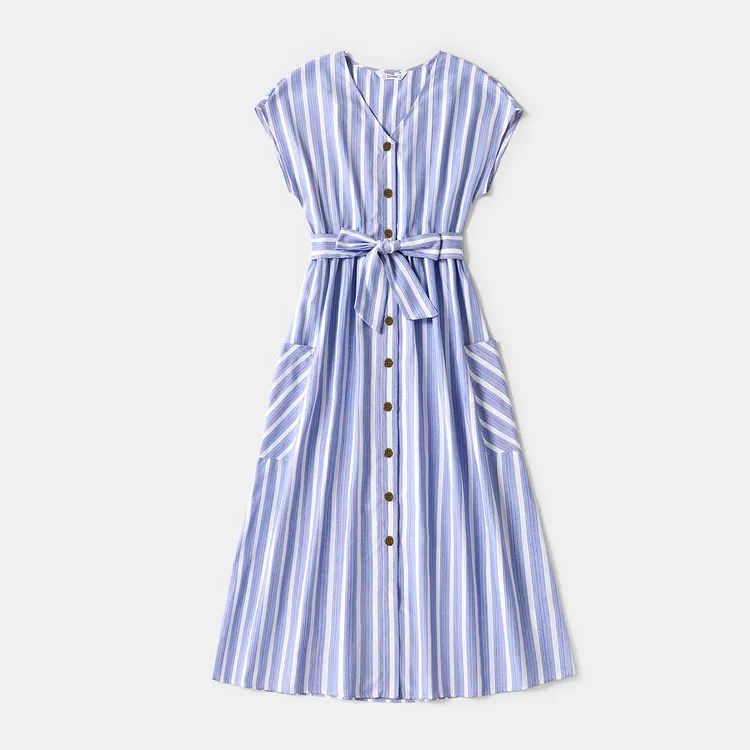 Family Matching Blue Striped V Neck Drop Shoulder Button Up Belted Dresses and Short-sleeve T-shi... | PatPat