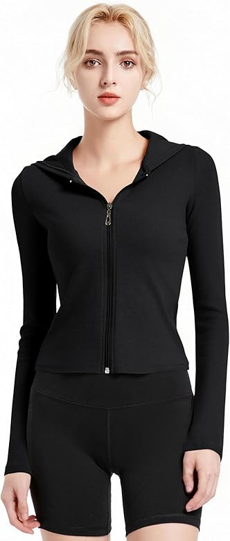 Abonlen Ribbed Hoodies for Women Lightweight Full Zip Up Jackets Long Sleeves Tops Fitted Cropped... | Amazon (US)