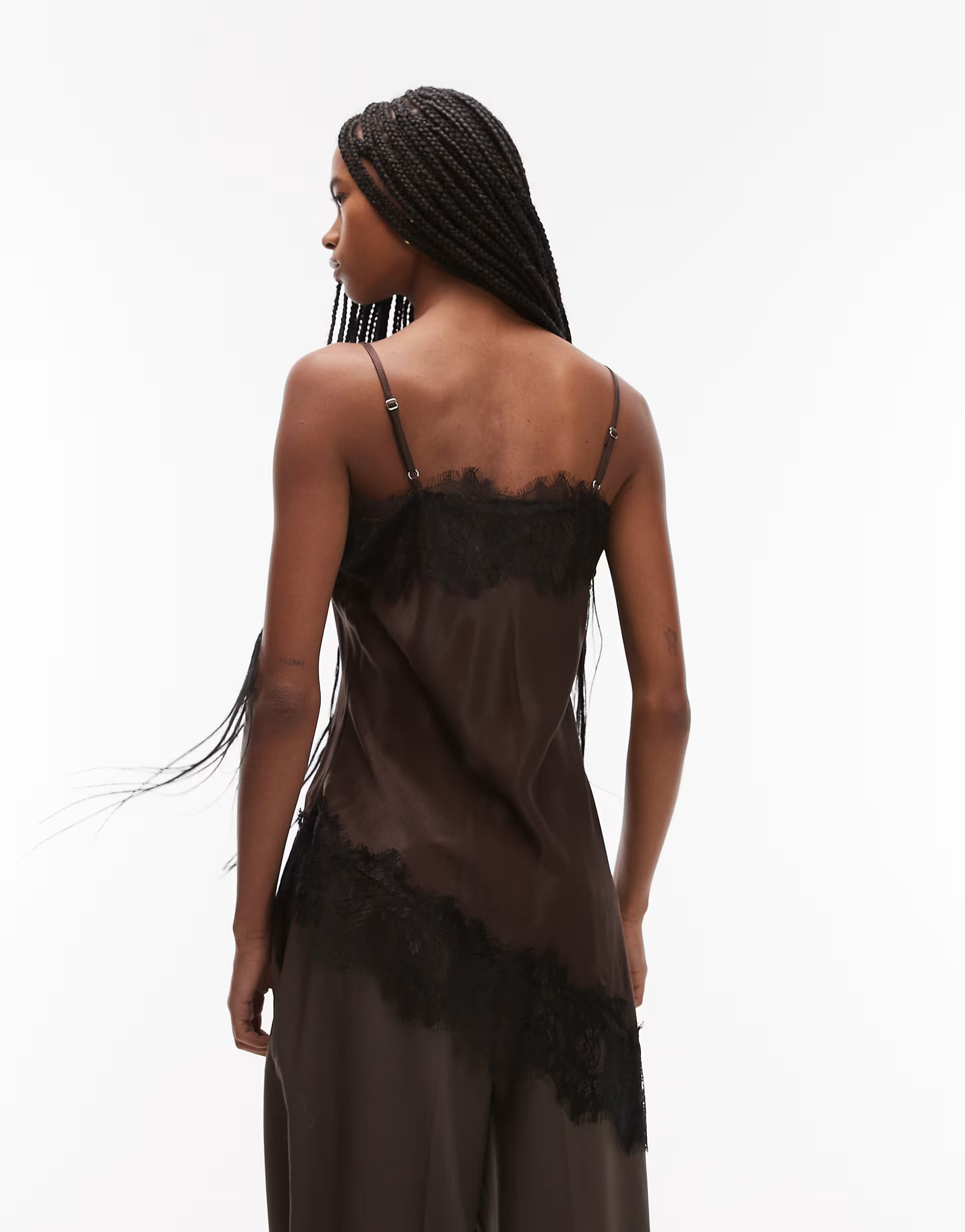 ASOS DESIGN satin lace trim asymmetric cami top in chocolate | ASOS (Global)
