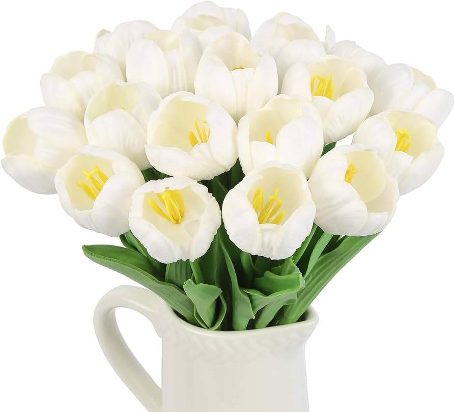 Tulips Artificial Flowers 20pcs Real Touch Fake Tulips Arrangement White Faux Flowers Tulip Stems... | Amazon (US)