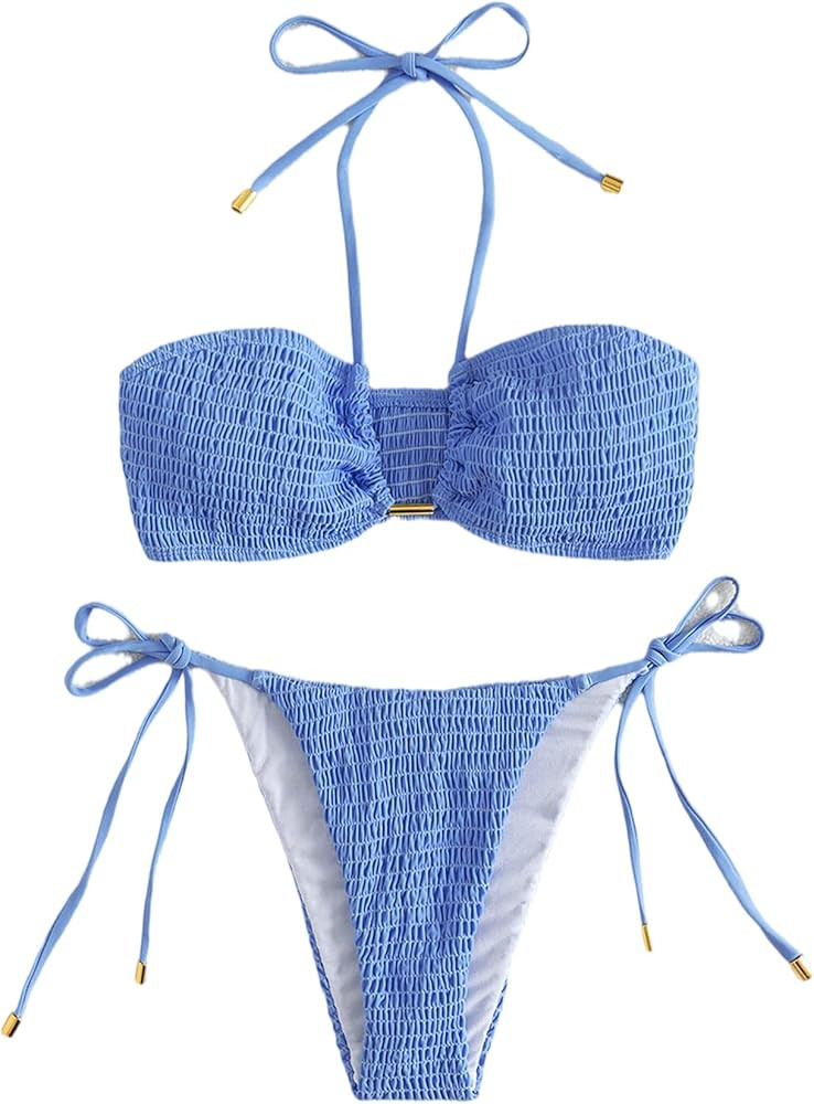 SheIn Women's Smocked Bikini Bandeau Bathing Suits with Tie Side 2 Piece Swimsuits | Amazon (US)