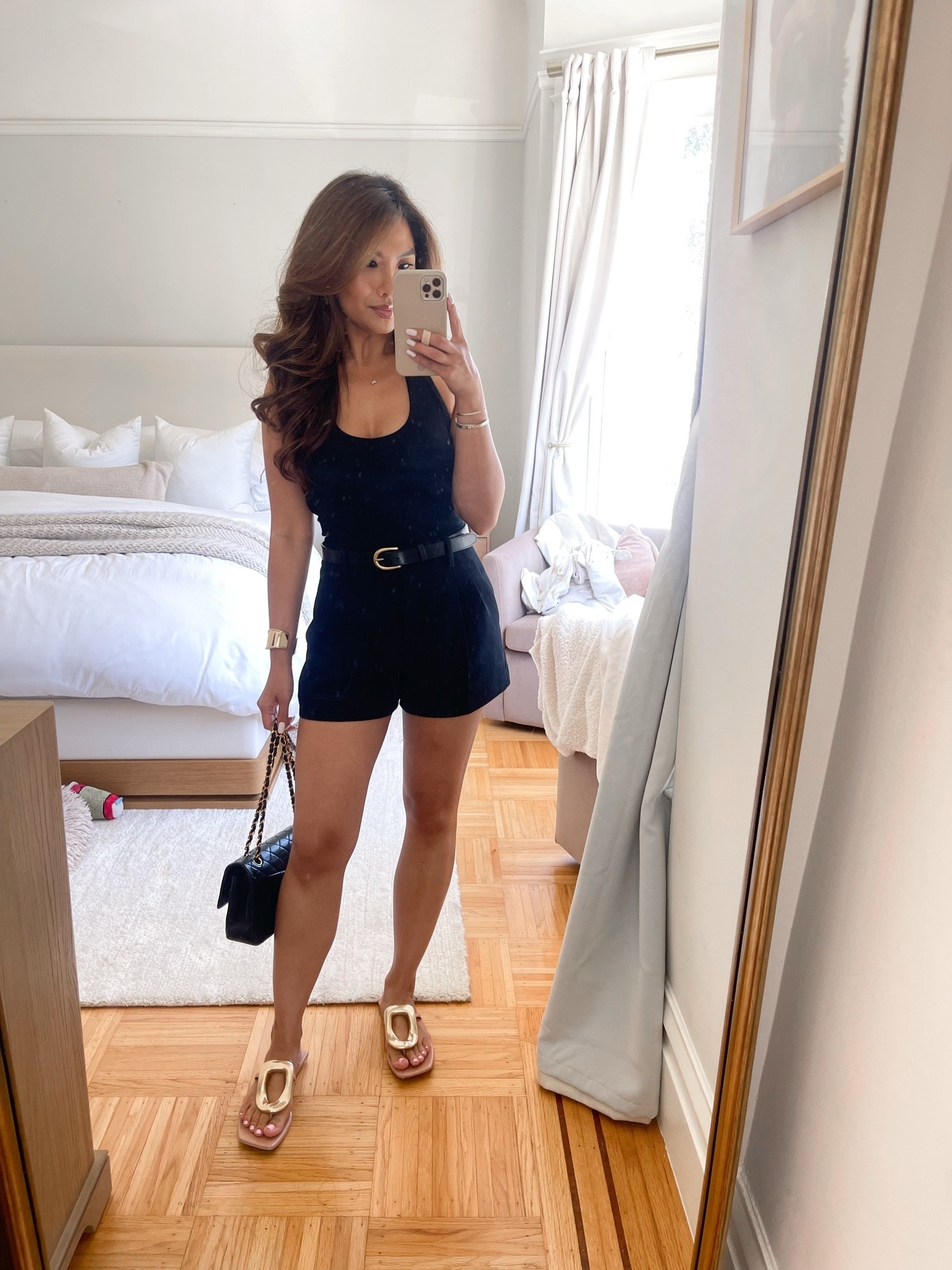 Same shorts in crepette material!

Sizing:
Halter - tts, wearing small
Dressy shorts - sized up, 2, mini length (I always size up one size for this style of Aritzia fitted shorts and pants)  
Belt - tts, xs 
Sandals - sized up 1/2 size