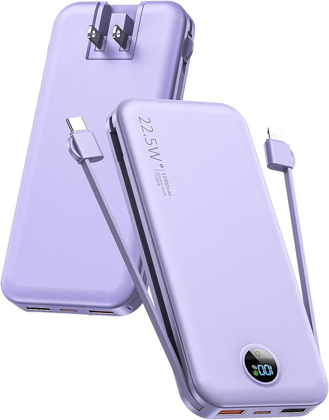 Portable Charger, 12000mAh 22.5W USB C Fast Charging Power Bank with Built-in Cables and AC Wall ... | Amazon (US)