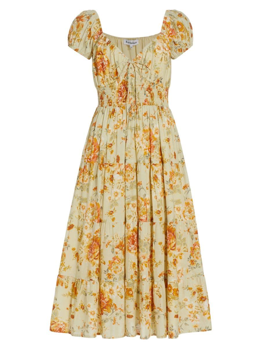 Milana Smocked Puff-Sleeve Midi-Dress | Saks Fifth Avenue