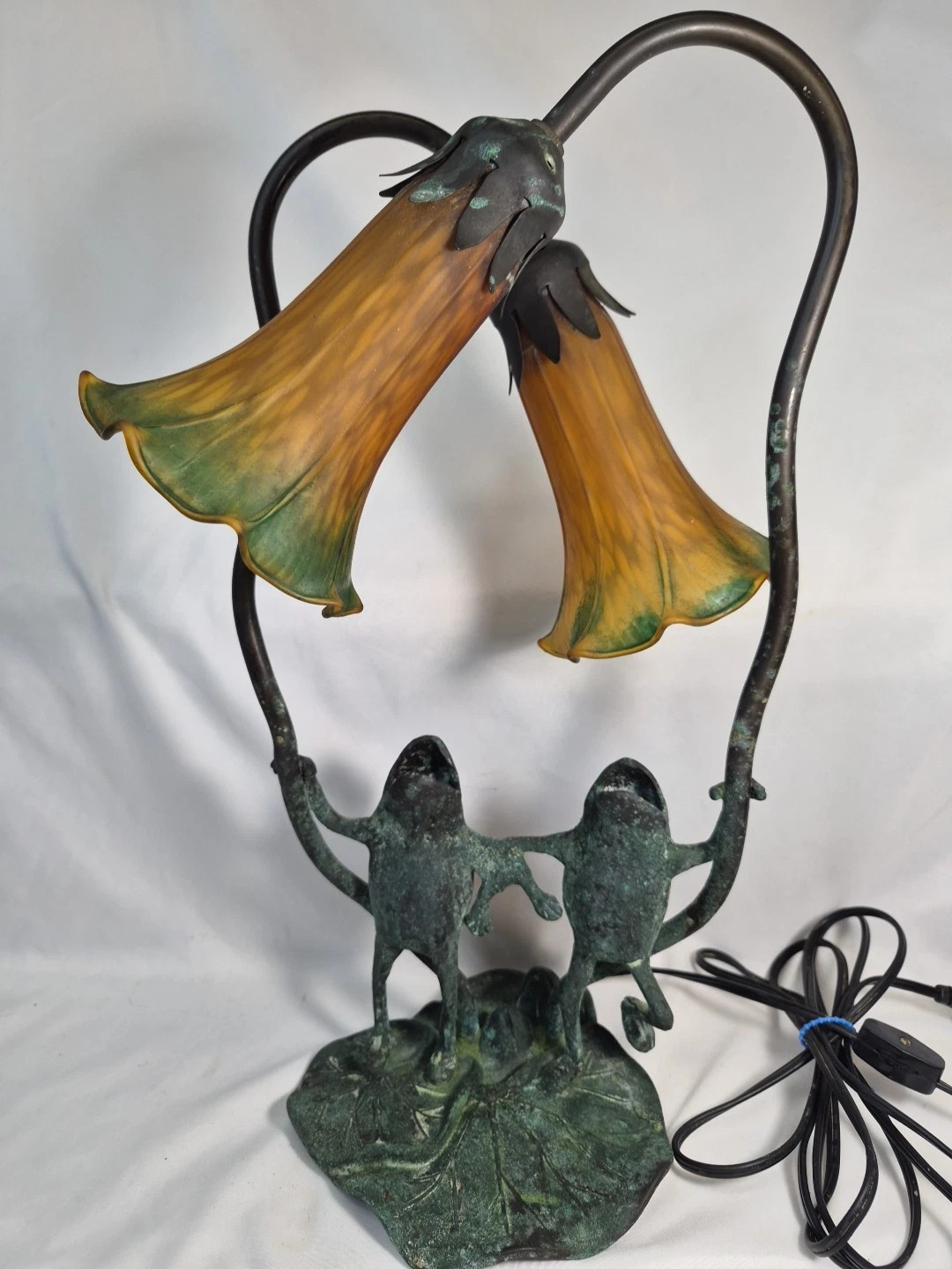 Double Lily Green/Amber Handpainted Glass Accent Frogs Lamp Tiffany Style *Read | eBay US