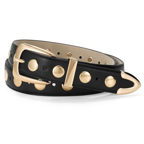 JASGOOD Women Leather Belt Fashion Studded Belt Ladies Punk Belt Gold Buckle Vintage Leather Belt for Jeans Dress | Amazon (US)