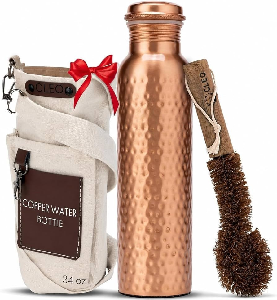 CLEO HOME 100% Pure Copper Water Bottle for Drinking, 34 Oz Hammered Ayurvedic Copper Bottle for ... | Amazon (US)