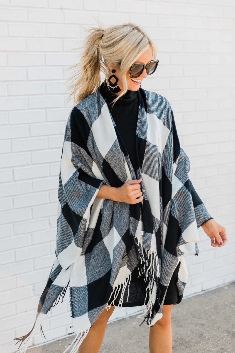 So Beautiful Tonight White Plaid Poncho | The Pink Lily Boutique