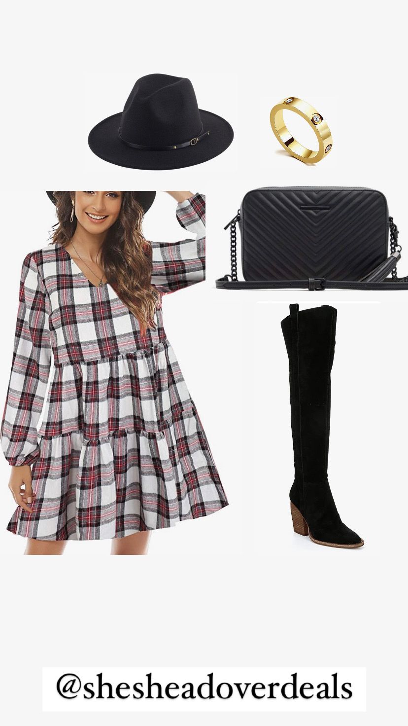 Womens Long Sleeve Buffalo Plaid Shift Tunic Dress Ruffle Hem Vneck Casual Swing Babydoll Mini Dress | Amazon (US)