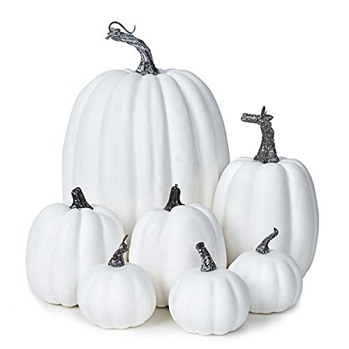 Lvydec Artificial Pumpkins Set Harvest Decoration, 7pc Assorted Size White Pumpkins Craft Pumpkins for Halloween Thanksgiving Autumn Festive Party Supplies (White) | Amazon (US)