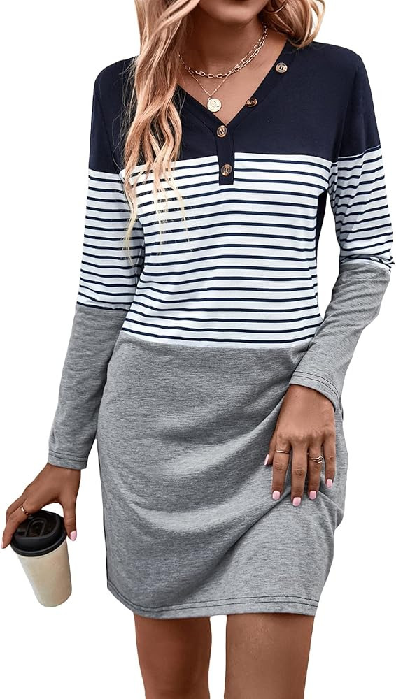 SOLY HUX Women's Striped Color Block Half Button T Shirt Mini Dress V Neck Long Sleeve Tunic Shif... | Amazon (US)