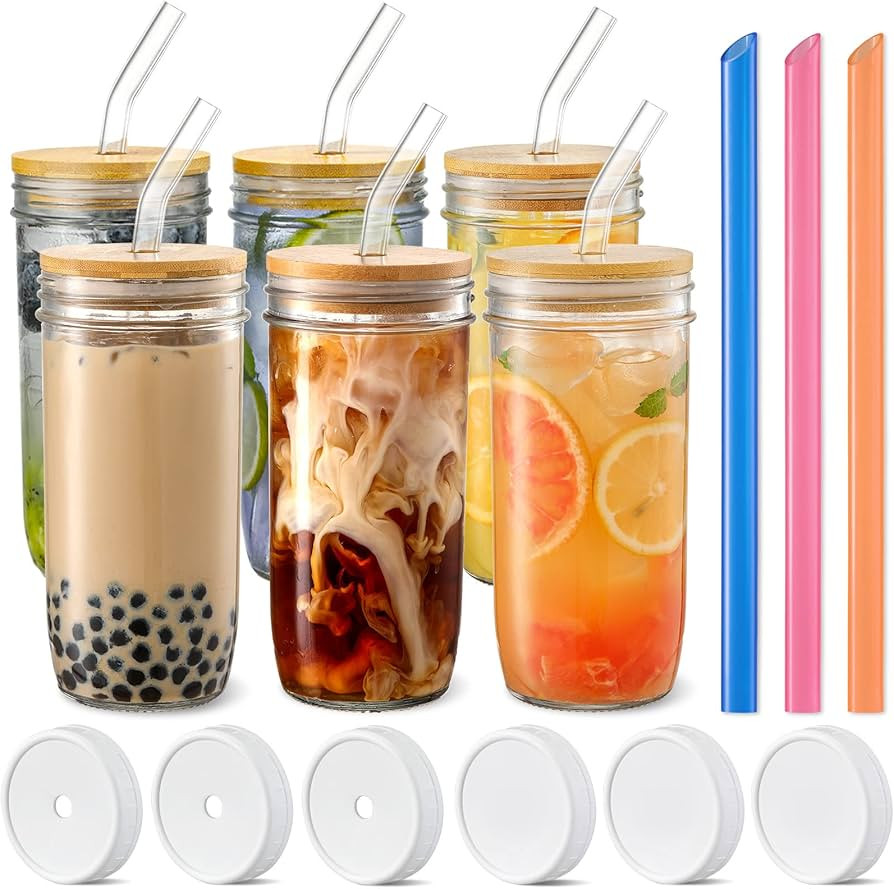 6 Pack Glass Cups Set - 24oz Mason Jar with Bamboo Lids and Glass Straw & 3 Airtight Lids - Cute ... | Amazon (US)
