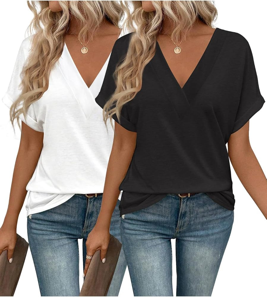 2PCS T Shirts Short Sleeve V Neck Tees Womens Fashion Tops Trendy Soft 2025 Casual Summer Spring ... | Amazon (US)
