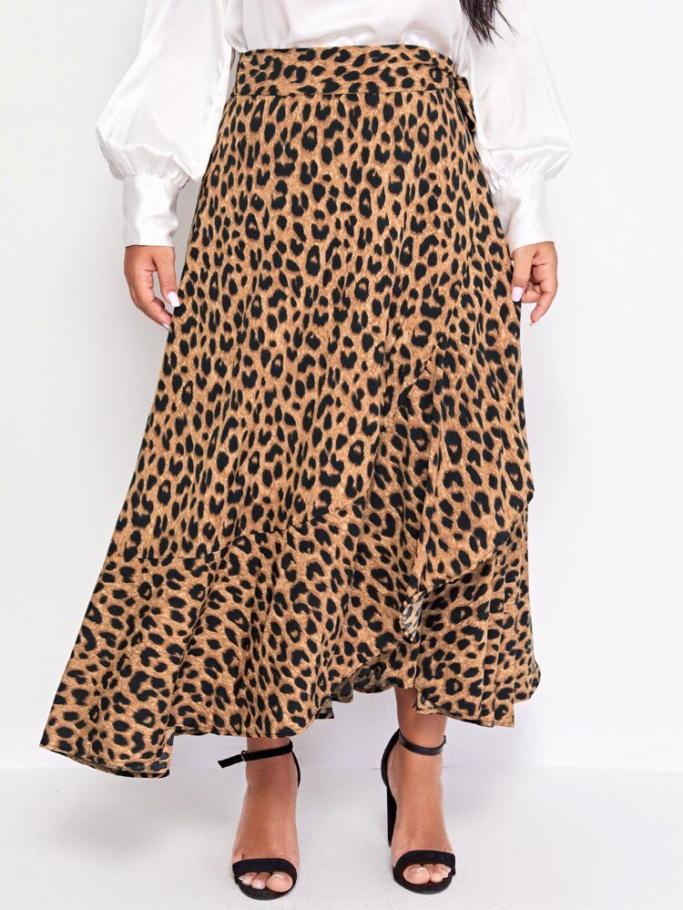 Plus Leopard Tie Side Asymmetrical Skirt | SHEIN