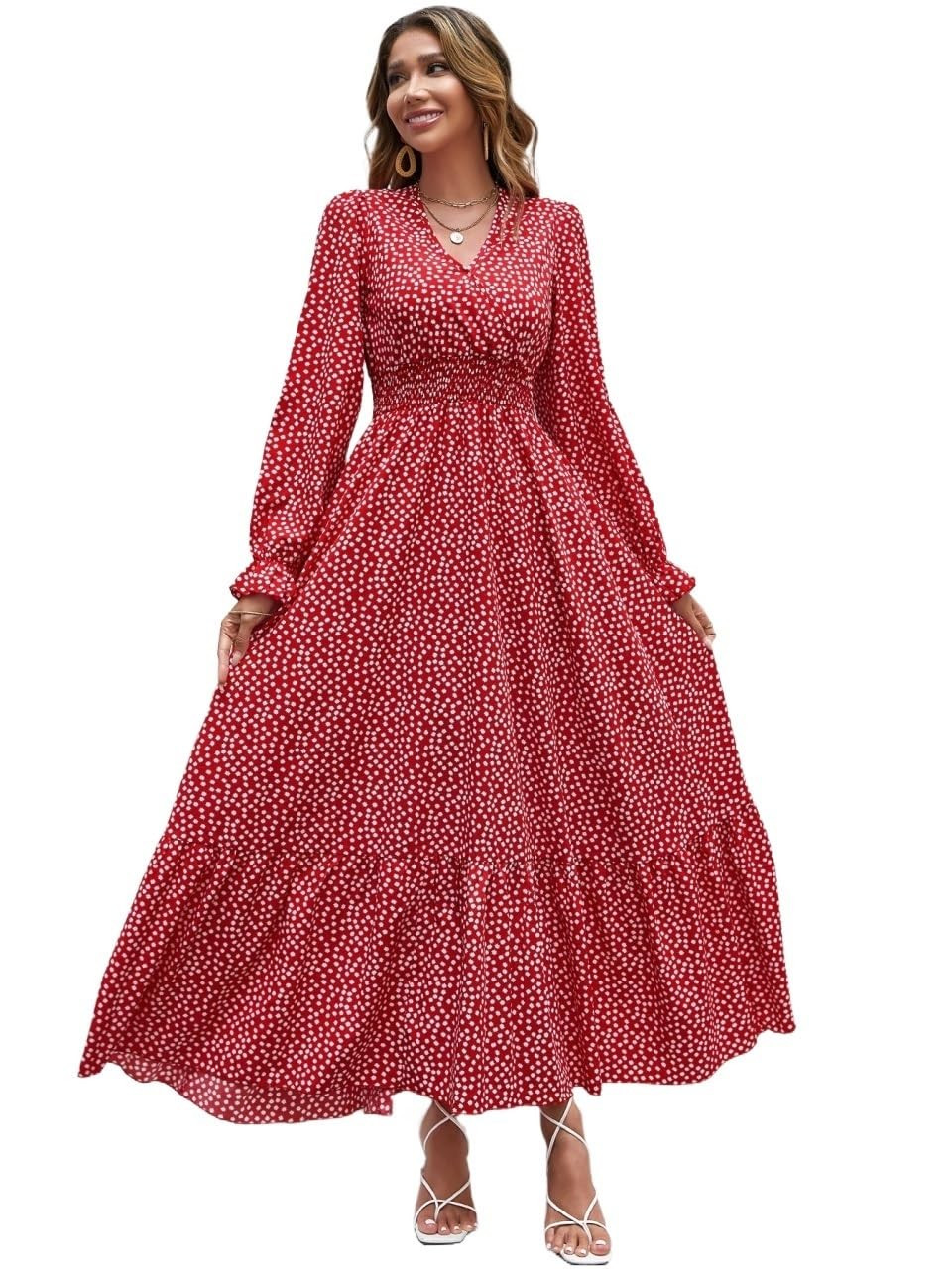 TOOSIS Women Boho Summer Dresses V Neck Long Sleeve Floral Print Flounce Sleeve Shirred Dress High Waist Casual Party | Amazon (US)