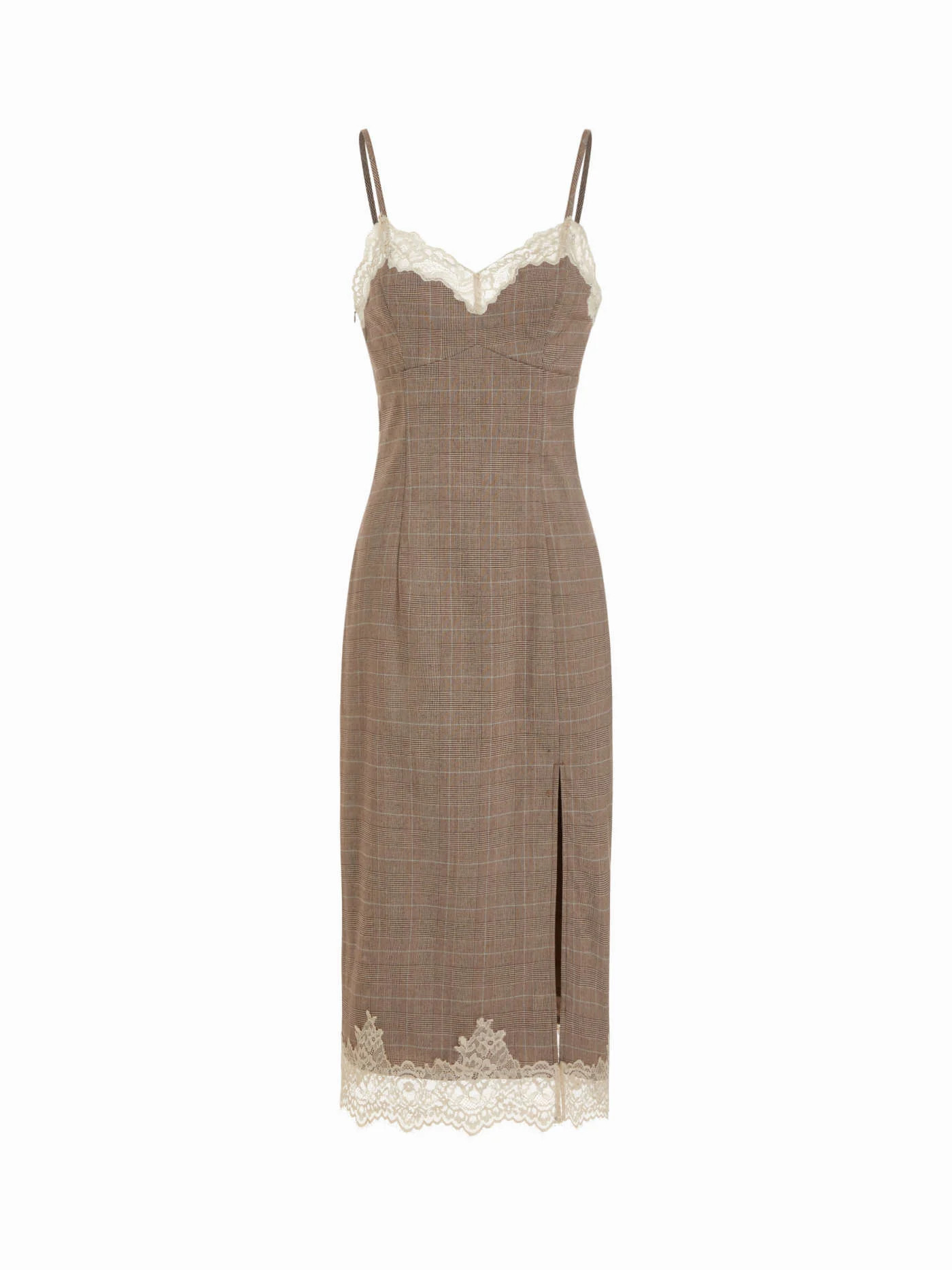 Glen Check Lace Trim V-neck Split Midi Pencil Dress | Cider