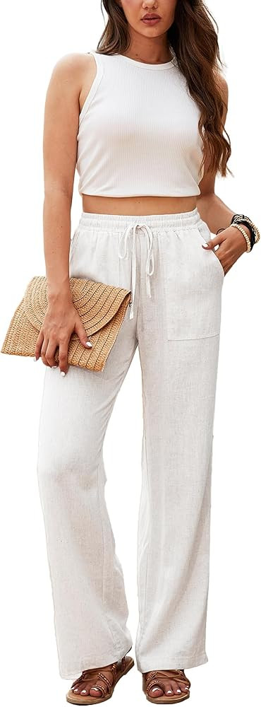 Beautiful Nomad Women's Linen High Waisted Straight Pants Casual Flowy Wide Leg Drawstring Trouse... | Amazon (US)