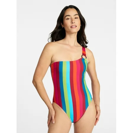Time and Tru Women s and Women s Plus One Shoulder One Piece Swimsuit Sizes XS-3X Family Swim | Walmart (US)