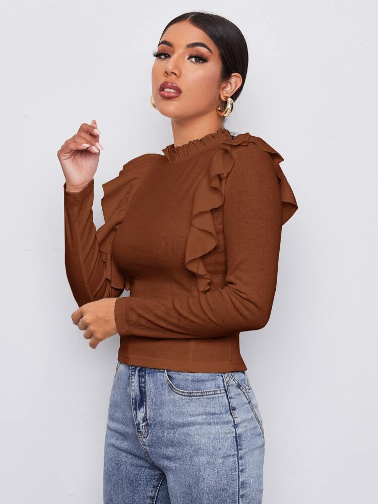 SHEIN Frill Neck Ruffle Trim Form Fitted Top | SHEIN