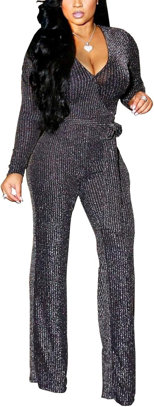 HannahZone Women's Sexy Sparkly Jumpsuits Clubwear Long Sleeve Elegant Party Rompers High Waisted... | Amazon (US)