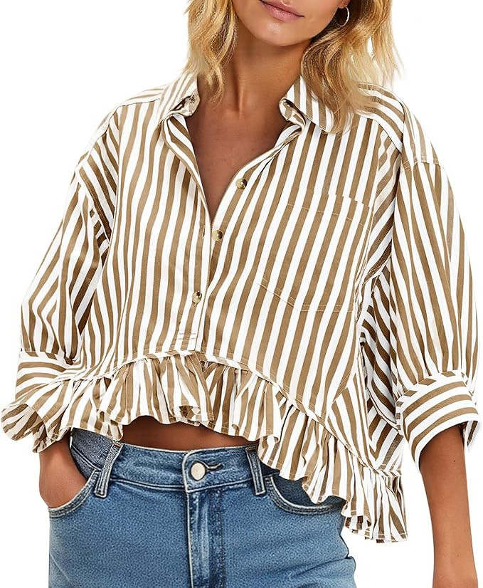 Cicy Bell Womens Cropped Striped Button Down Shirts Ruffle 3/4 Length Sleeve Summer Tops Dressy C... | Amazon (US)