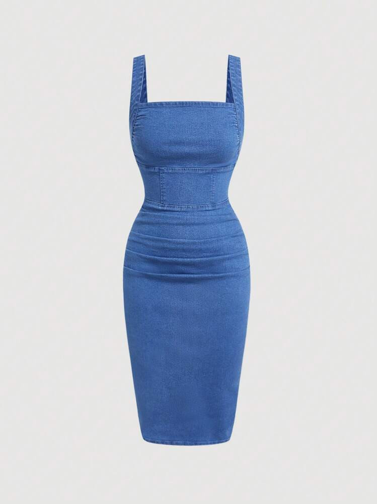 SHEIN MOD Plus Size Summer Sexy Square Neck Ruched Bodycon Denim Sundress | SHEIN